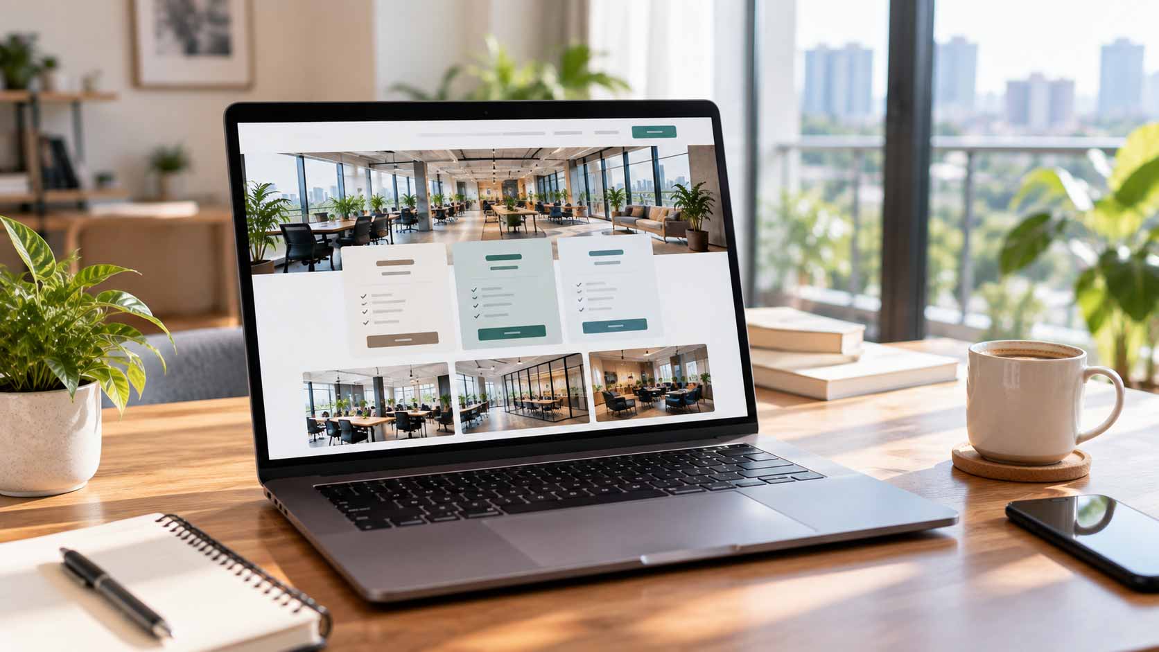 coworking and serviced office website homepage showing pricing plans and real workspace photos