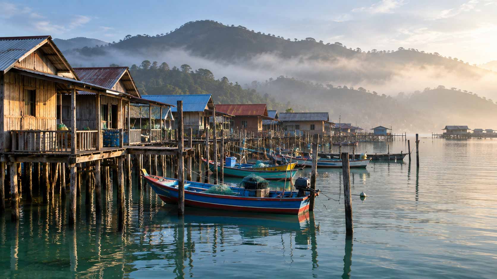 Kukup stilt fishing village in Pontian with traditional boats