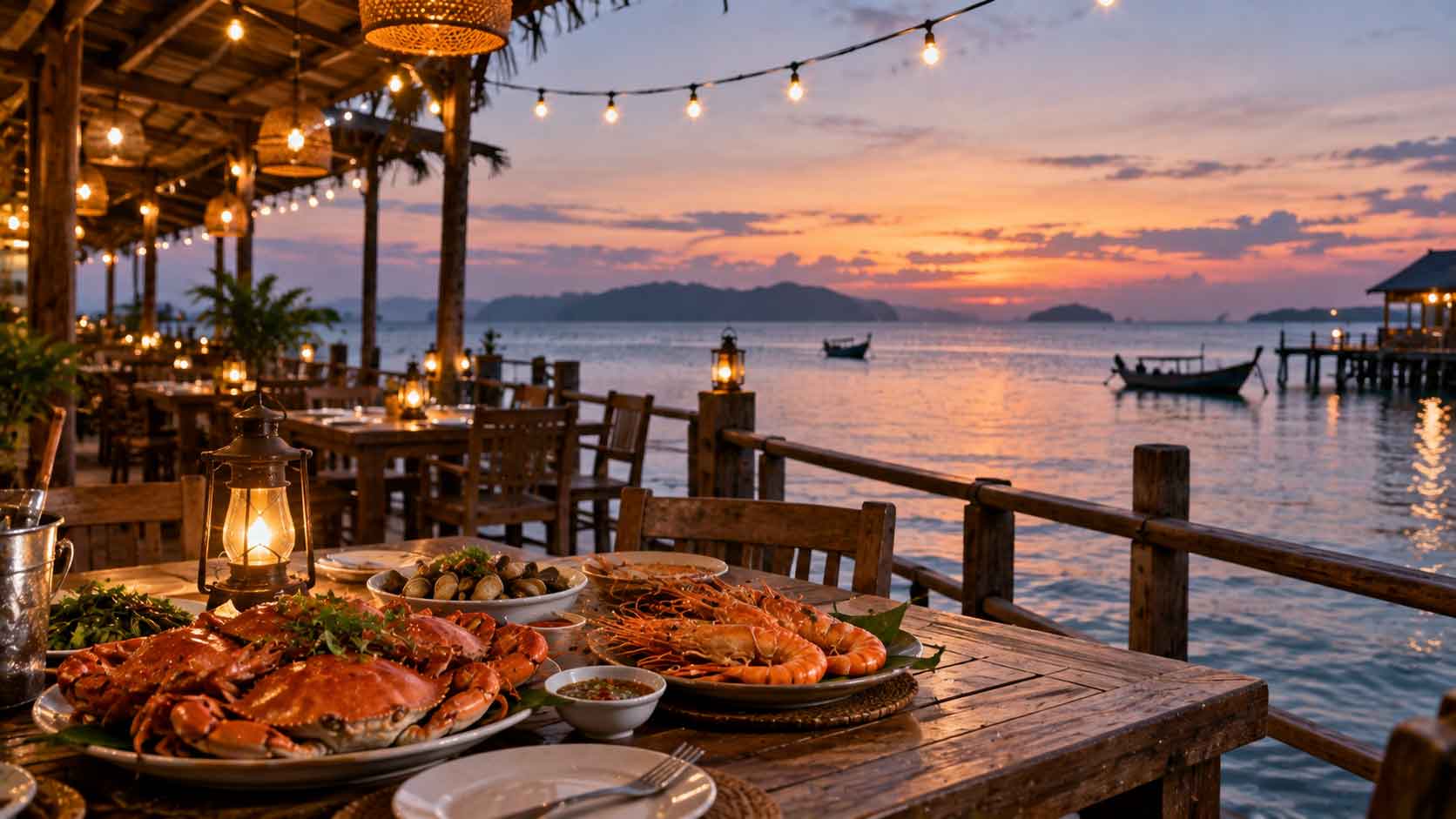 Waterfront seafood restaurant dining in Pontian